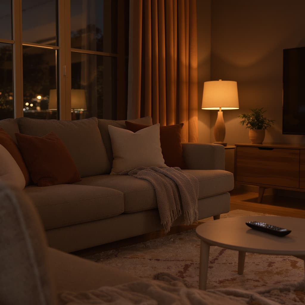A warm living room with a sofa, media console, and remote on a side table